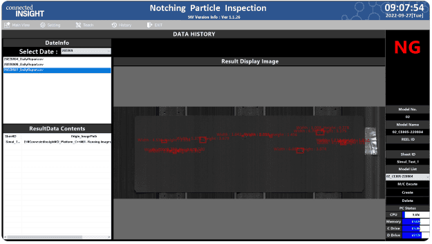 Battery pouch surface AOI inspection software screen