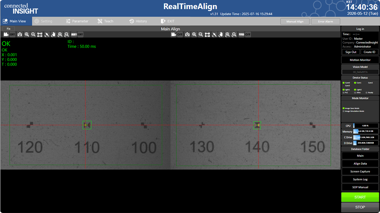High-speed Align Solution UI layout — RealTimeAlign software screen