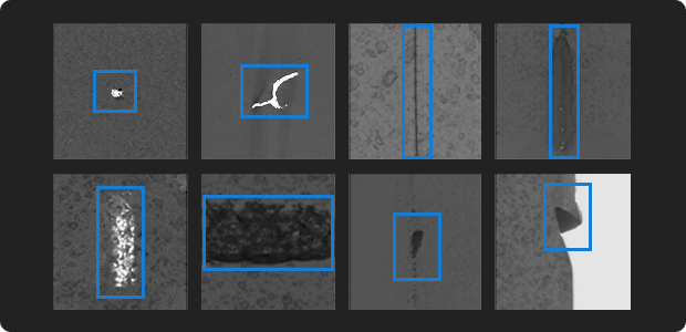 Close-up scan results showing contamination, weaving defects, holes, and other fabric surface defects