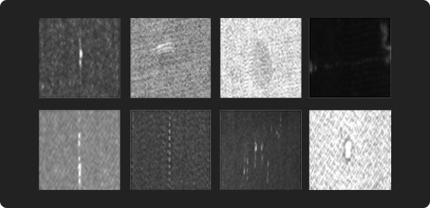 Close-up scan results showing contamination, weaving defects, holes, and other fabric surface defects